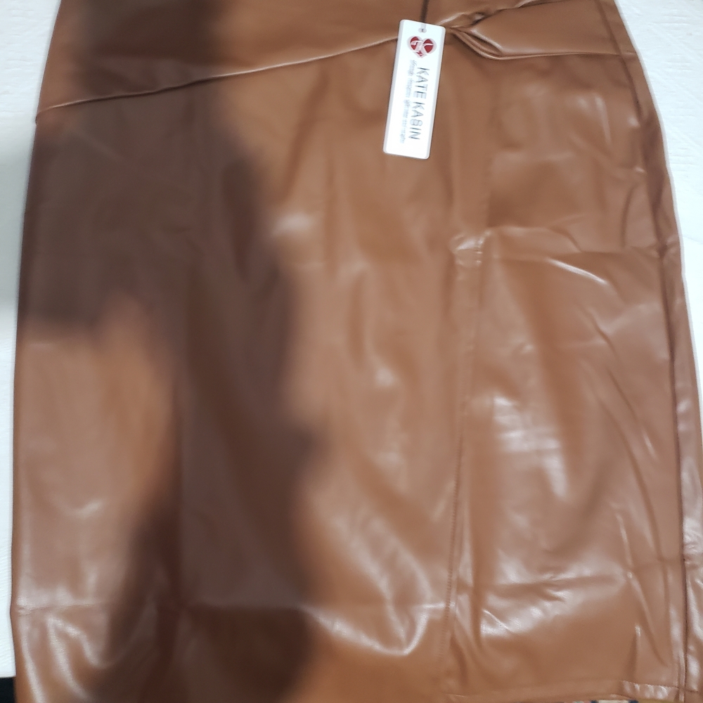 Kate Kasin Faux-leather Knot-front Faux Wrap Sienna Brown Pencil Skirt Sz XL - Picture 3 of 11